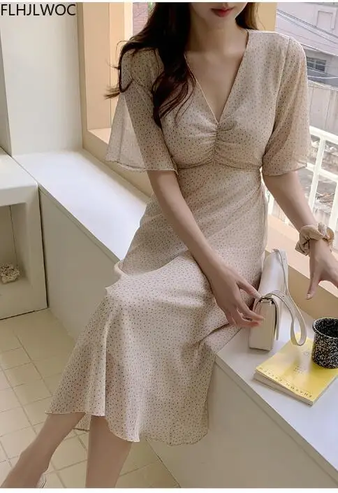 Korea Chic Dress 2021 Summer Holiday Date Girls V Neck Draped Sweet Romantic Floral Printed Women Long Dresses Vestidos