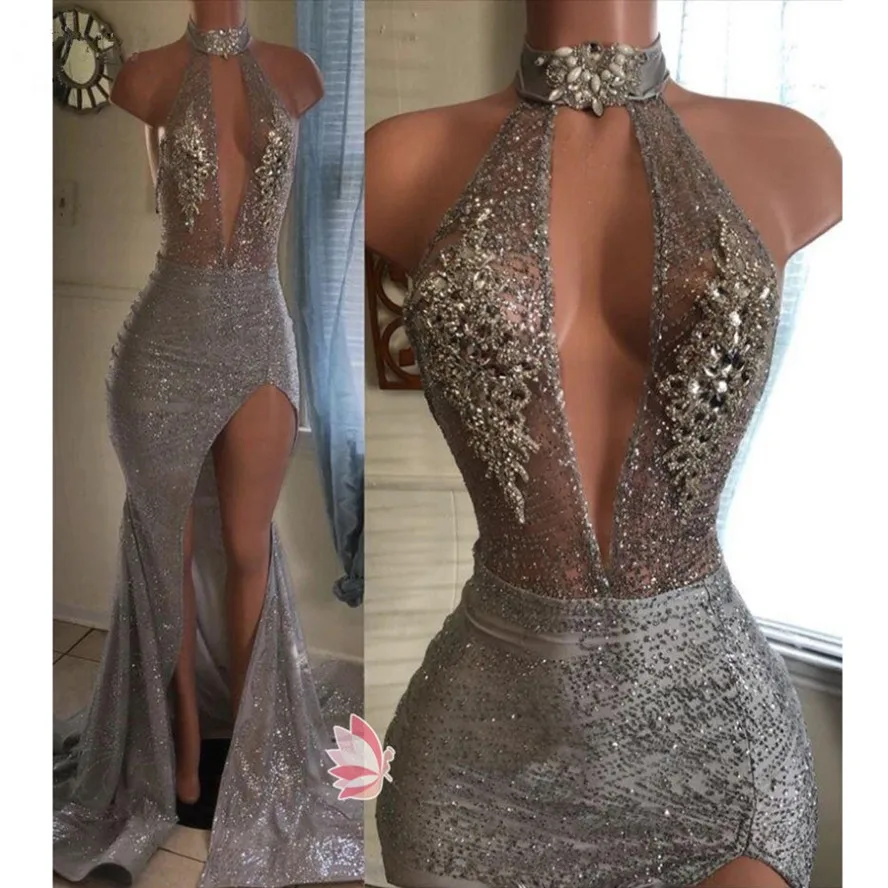 

Luxury Sparkle Crystal Mermaid Evening Dresses 2024 Halter High Side Split Long Prom Gowns Beaded Formal Occasion Vestido