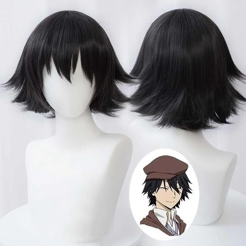 Ranpo Edogawa Cosplay Wigs Bungou Stray Dogs Short 30cm Black Heat Resistant Synthetic Hair Anime Cosplay Wig + Wig Cap