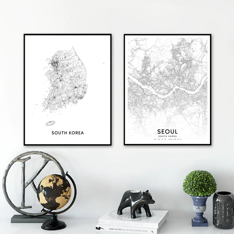 كوريا الجنوبية خريطة أبيض وأسود المشارك الفن طباعة سيول مدينة شارع خريطة الطريق الحديثة الرسم على لوحات القماش الجدارية صورة مكتب ديكور