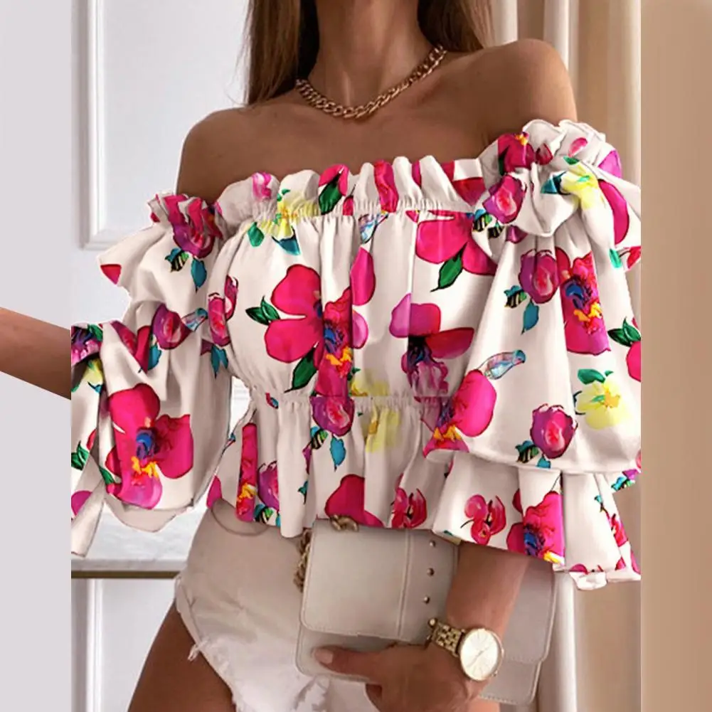 Women T-Shirts Sexy Off Shoulder Multi-layer Top Colorful Pleated Ladies Flare Sleeve Shirt for Dating Club for Autumn футболка