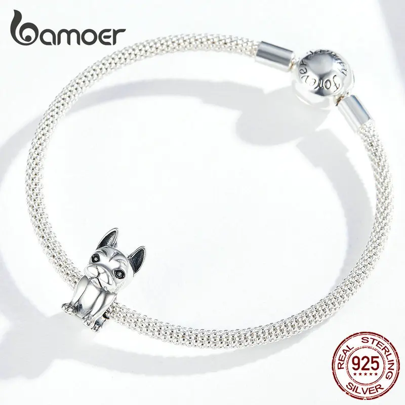 bamoer French Bulldog Metal Beads for Women Original Silver Charm Bracelet 925 Sterling Silver European Fashion Jewelry SCC1306