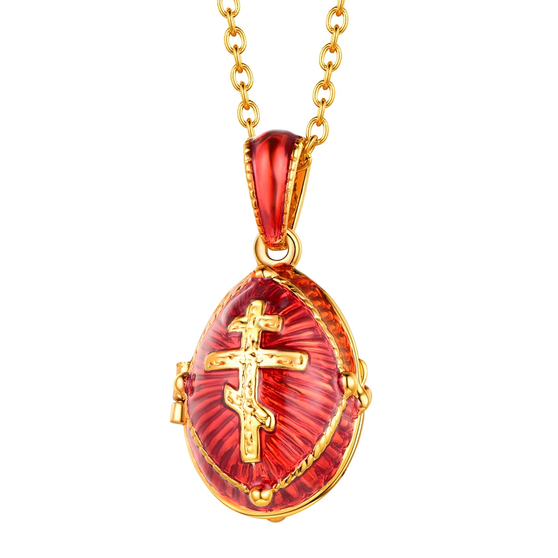 

Chainspro Orthodox Cross Egg Oval Locket Necklaces for Women Pendant 18" Chain 14K Gold Plated Enamel Memorial Jewelry for Her