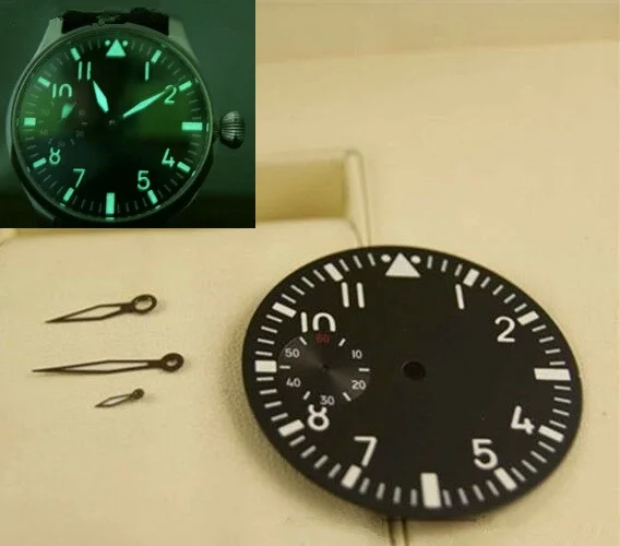 For ETA 6497 Watch Movement Green Luminous 38.9mm Black Watch Dial & Watch Hands Set Replacement For Seagull ST3600 Movement