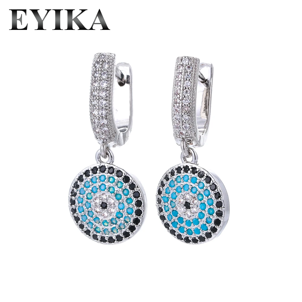 EYIKA Micro Zircon Earrings Simplicity And Popularity Women Blue Zircon Turkish Evil Eye Hoop Earrings Gold Color Wholesale