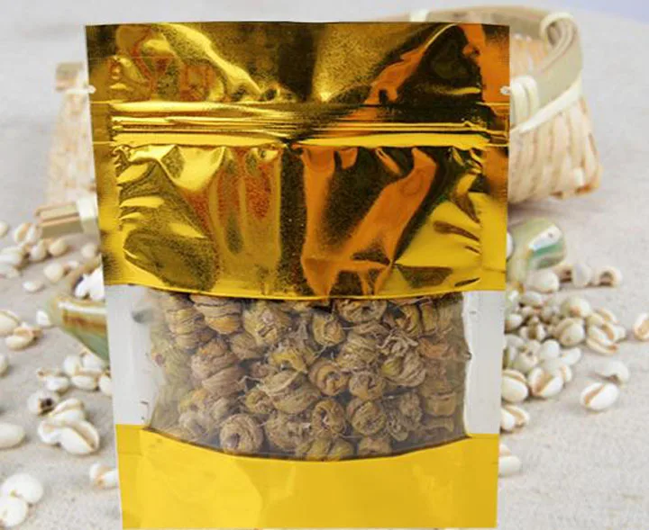 100pcs Gold Stand Up Aluminum Foil Zipper Food Valve Reusable Packing Bags Mylar Foil Clear Window Food Storage  Packaging Pouch