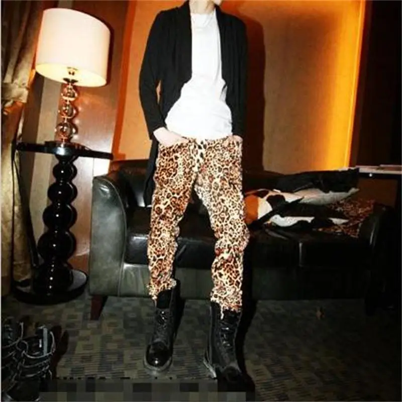 28-42 tide men's personality trend leopard casual pants men's pants autumn trousers stage equipment trend DJ large size