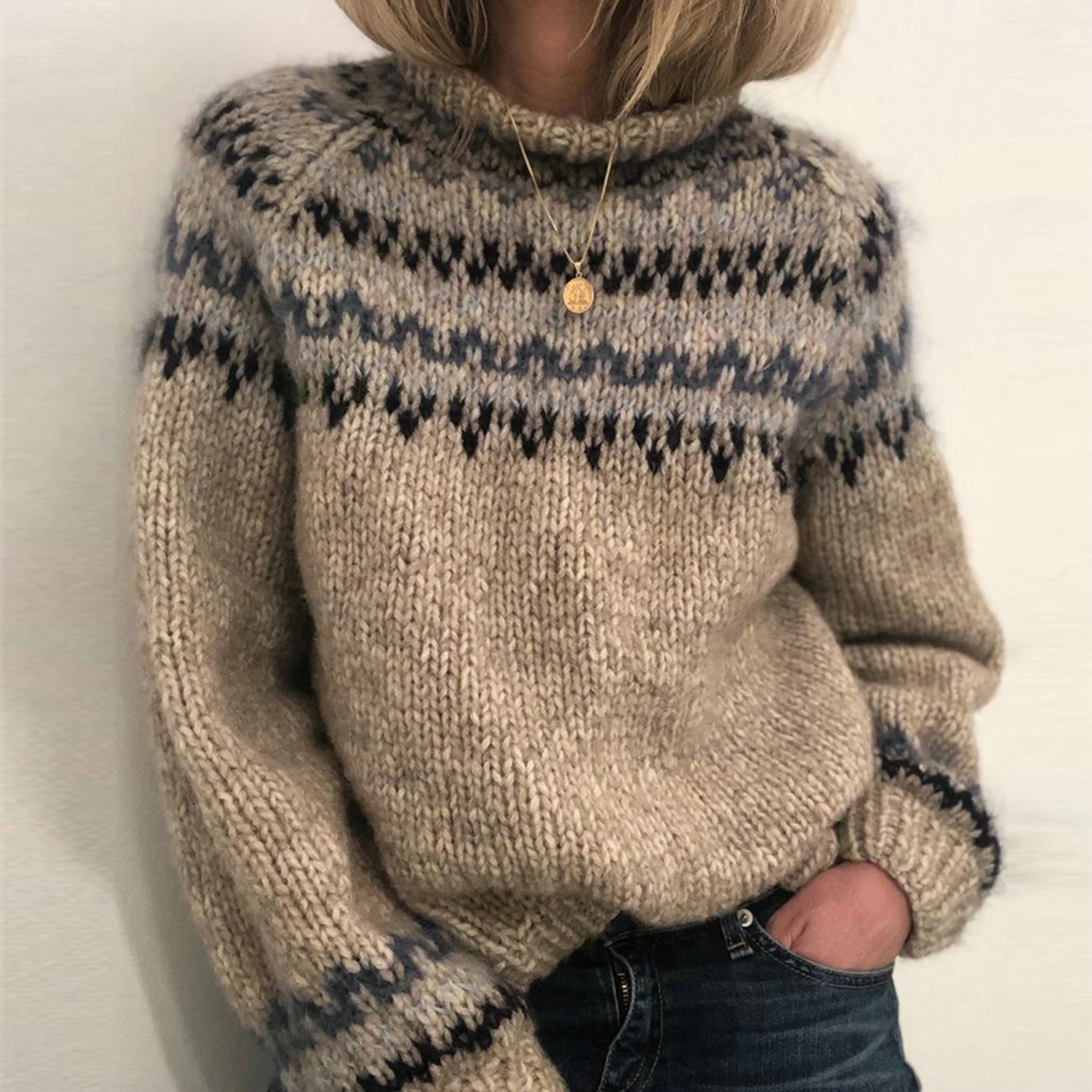 2021 Women Knitted Sweaters Autumn Winter Loose O Neck Long Sleeve Jumper Jacquard Stripe Tops Female Knitwear Pullover Vintage