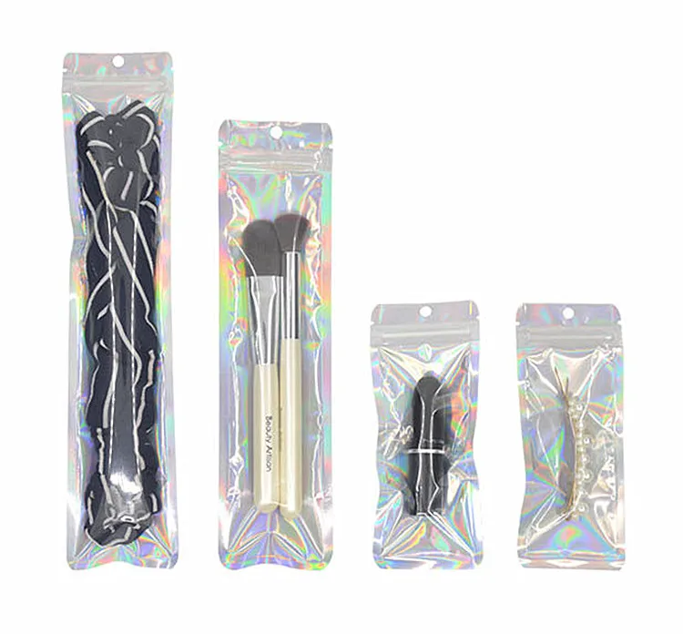 100pcs Resealable Hologram Iridescent Zip Lock Packaging Bag Makeup Cosmetics Brush Watch Data Lines Knife Fork Spoon Pouches