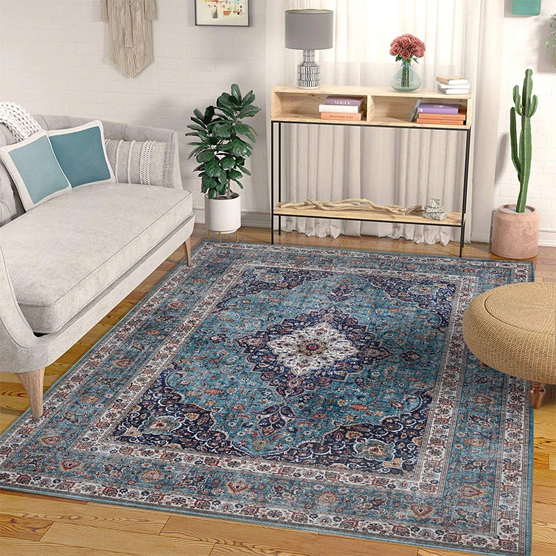 

Vintage Bohemian Carpet for Living Room Blue Chenille Area Rugs Persian Style Rectangle Rugs Bedroom Soft Non-Slip Study Mat