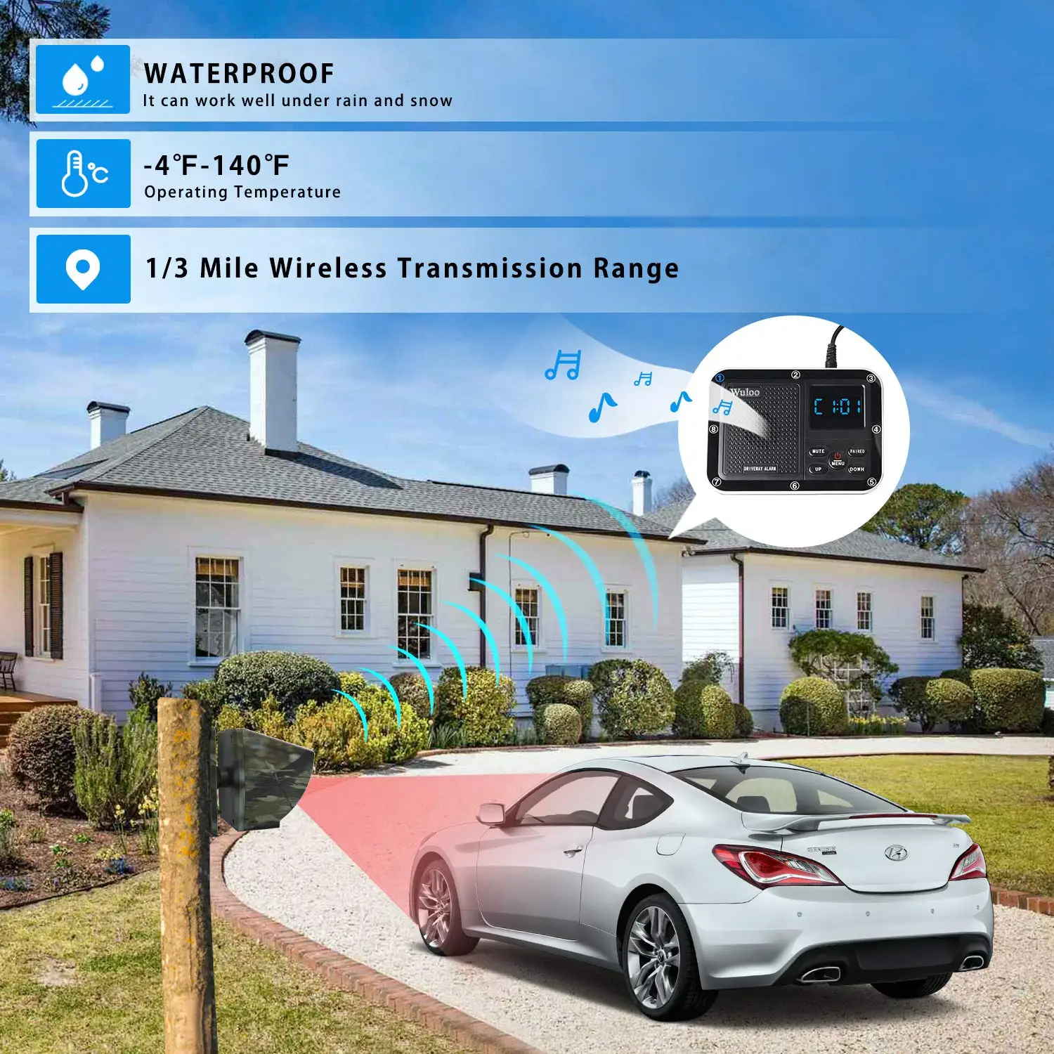 Wuloo Solar Wireless Driveway Alarm 1800ft Range Outdoor Motion Sensors Detector Alerts System with Rechargeable Battery