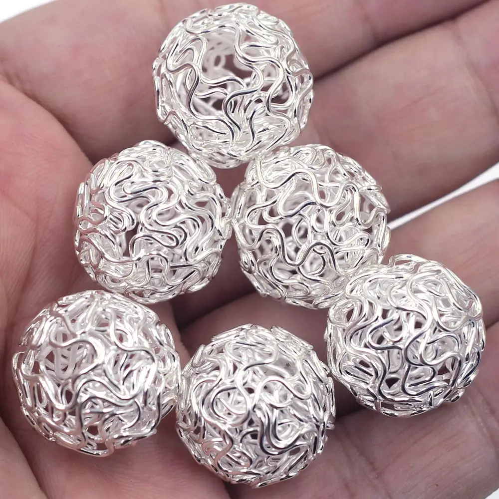 10Pcs Silver Plated Twist Ball Alloy Wire Spacer Loose Beads Round Hollow Jewelry DIY Findings 18mm