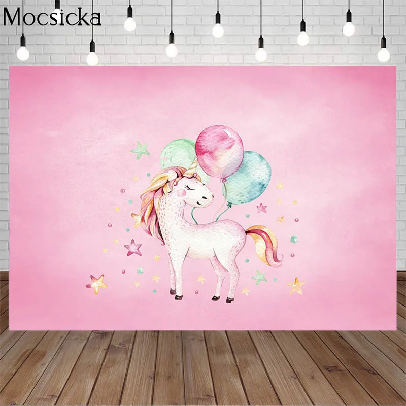 Mocsicka Unicorn Backdrops Balloon Pink Gradient Photography Background Baby Shower Girl Birthday Party Photo Studio Cake Smash