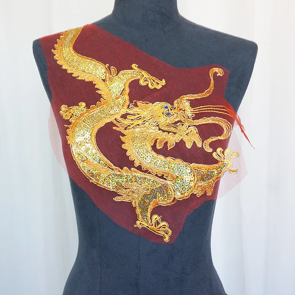 

Gold Chinese Dragon Sequins Red Lace Trims Mesh Rhinestone Sew On Patches Embroidery For Wedding Appliques Decoration