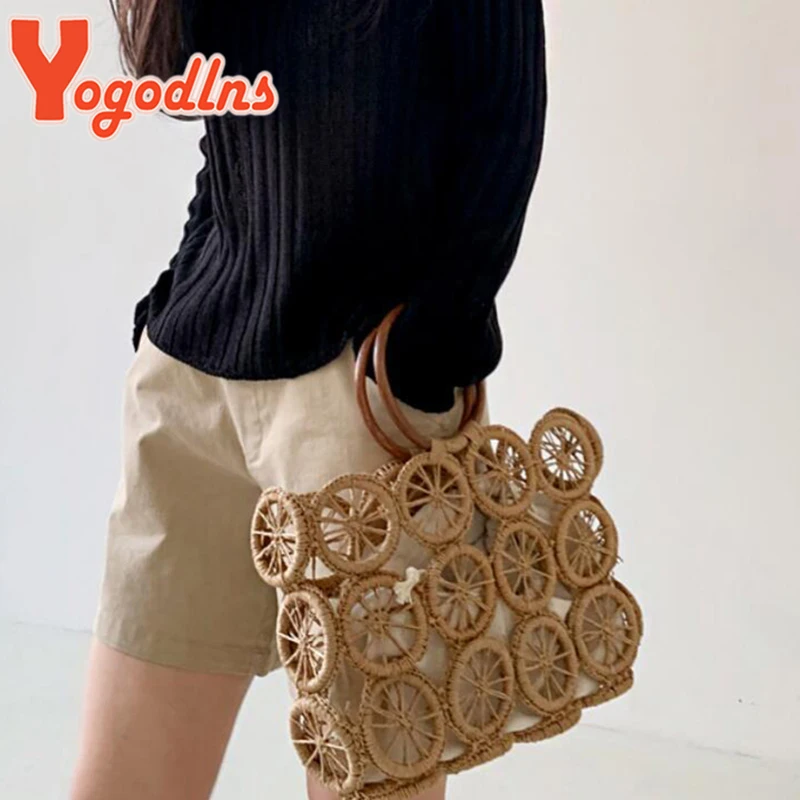 Yogodlns Summer Hollow Out Straw Bag Women Handmade Weave Handle Bag Beach Ladge Capacity Handbag Casual Rattan Lady Beach Bag