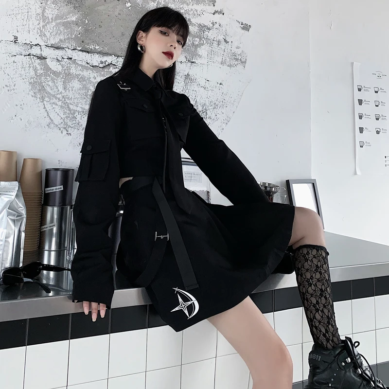 Zoki Women Two Piece Set Sexy Dark Wind gonna a pieghe manica lunga Solid Straight Shirt coreano Gothic Summer New