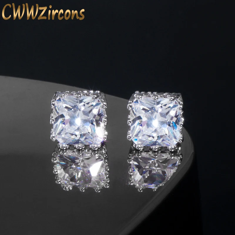 CWWZircons 2022 new design white gold color square crown 5A cubic zirconia big post stud earrings for women CZ029