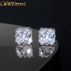 CWWZircons 2022 new design white gold color square crown 5A cubic zirconia big post stud earrings for women CZ029