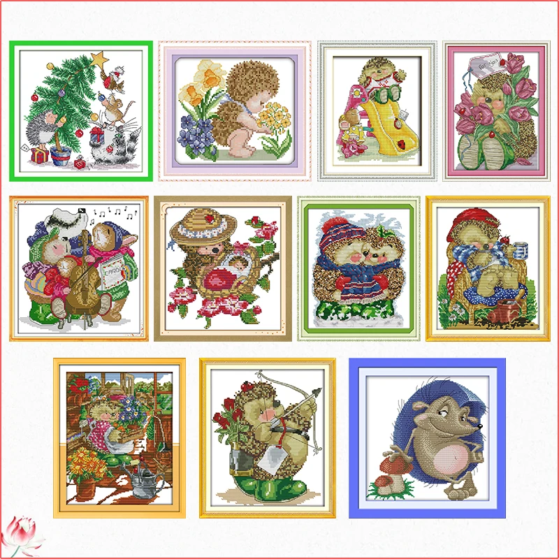 Lovely Hedgehog Printied Cross Stitch Kit Pattern Traditional Embroidery Kit 11CT 14CT DIY Needlework Home Decoration Craft Gift