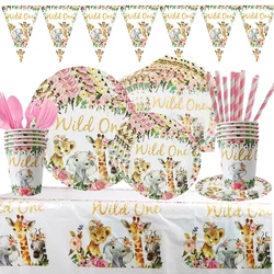 Baby 1st Birthday Girl Party Decorations Wild One Birthday Tableware Paper Cups Plates Baby Shower Girl 1 Year Old Birthday Deco