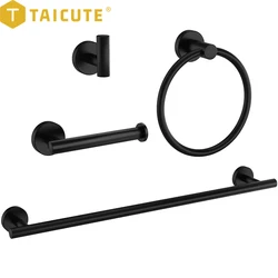 TAICUTE-Juego de accesorios de baño, soporte de toalla de montaje en pared, anillo de acero inoxidable, portarrollos de papel higiénico, color negro