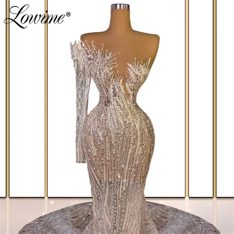 Lowime Dubai Long Evening Dresses Plus Size One Shoulder Handmade Crystas Pageant Party Dress Mermaid Prom Dresses Custom Made