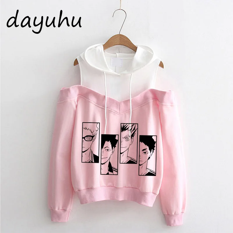 Japanese Anime Haikyuu Hoodies Off Shoulder Funny Karasuno Graphic Streetwear Winter Warm Fashion Manga Sweatshirts Female Y2k