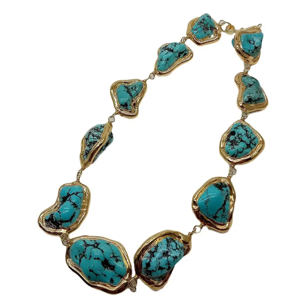 YYGEM Freeform Blue Turquoise Nugget With Electroplated Edge strand Wrap choker necklace ethnic style for women 18