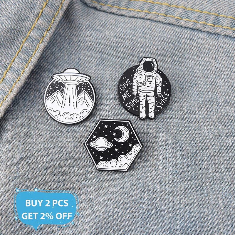 Astronaut Enamel Pin UFO Star Moon Mountain Galaxy Black/white Badges Space Brooches Gift for Universe Planets Lover