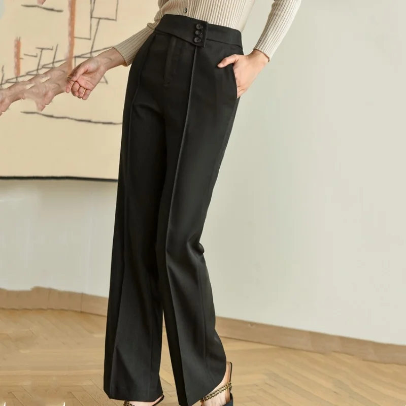 Leisure Harajuku Trousers New Design Single Breasted Women High Waist Suit Pants Elegant Office Ladies Straight Wide Leg Pants