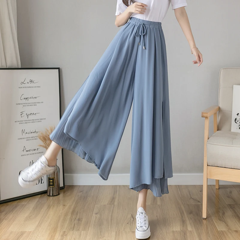 Casual Solid Color Wide Leg Pants Elastic High-waist Pleated Women\'s Pants Spring Loose Flowing Summer Female Chiffon Trousers