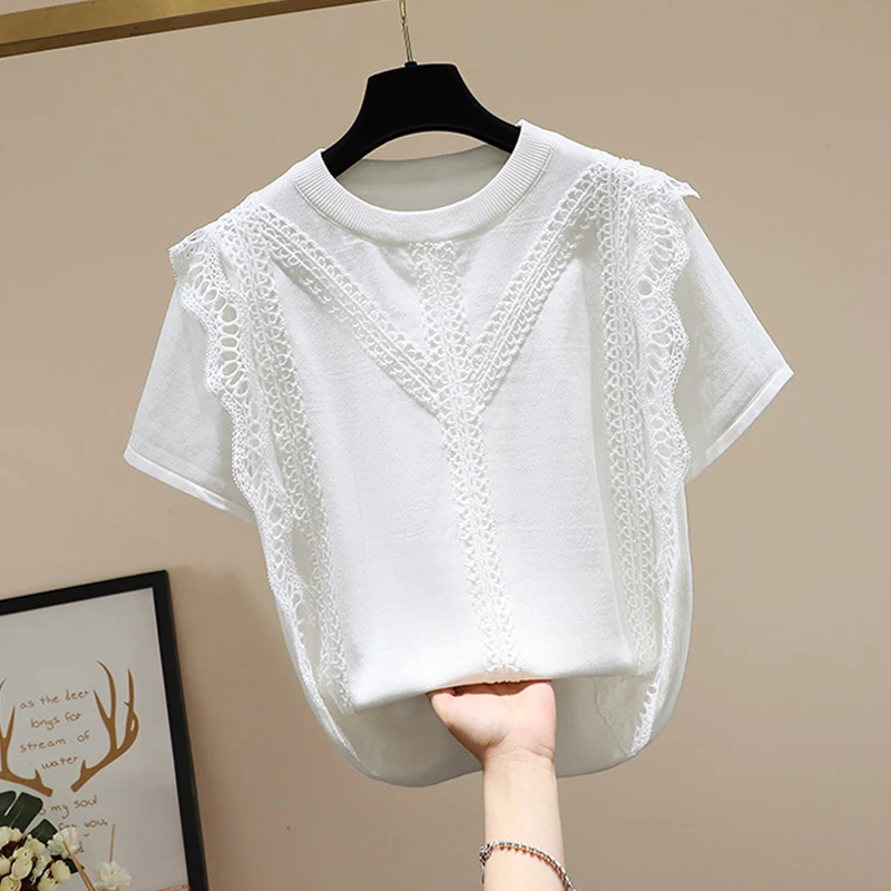 2022 White Summer New Korean Style Lace Panel Short-Sleeve T-shirt Black Tshirt Women\'s Casual Round Neck T-shirts Tees Tops