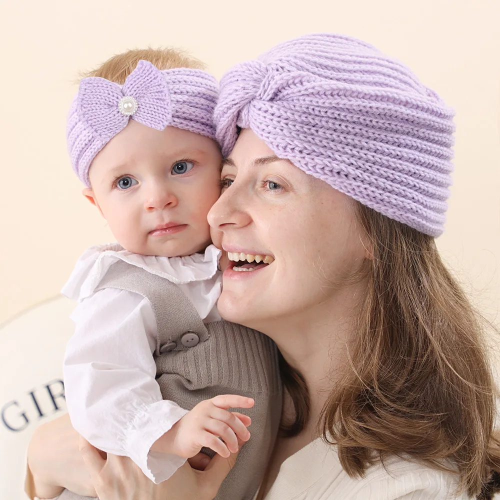 

Baby Knitted Headband+Mom Winter Knot Bandana Turban Resuable Foldable Bonnet Hat Night Cap Sleep Head Cover Solid Headwrap