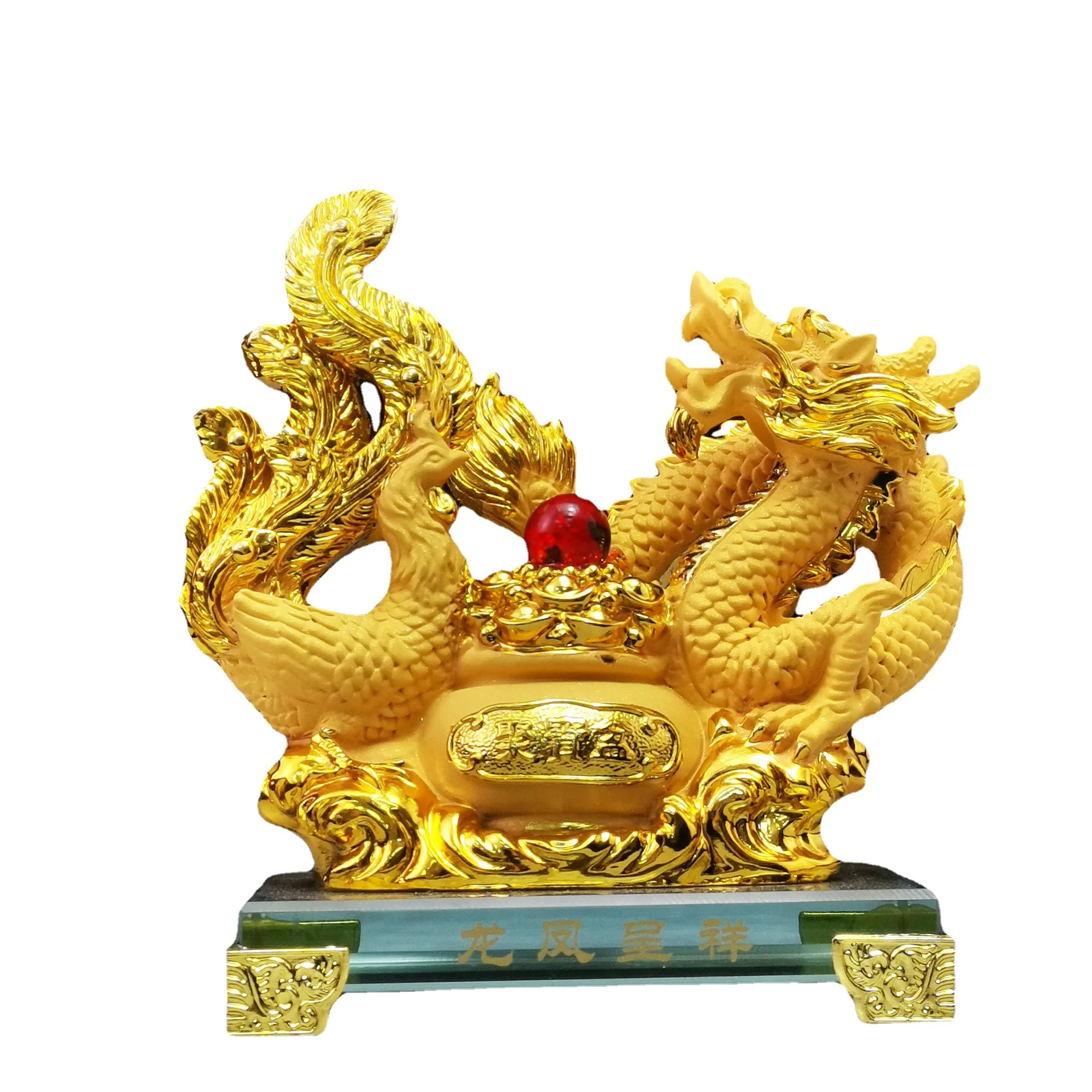 Diwansi Resin Gold Placer Dragon and Phoenix Lucky Ornaments To Send Wedding Gifts Living Room Festive Wedding Room Decoration