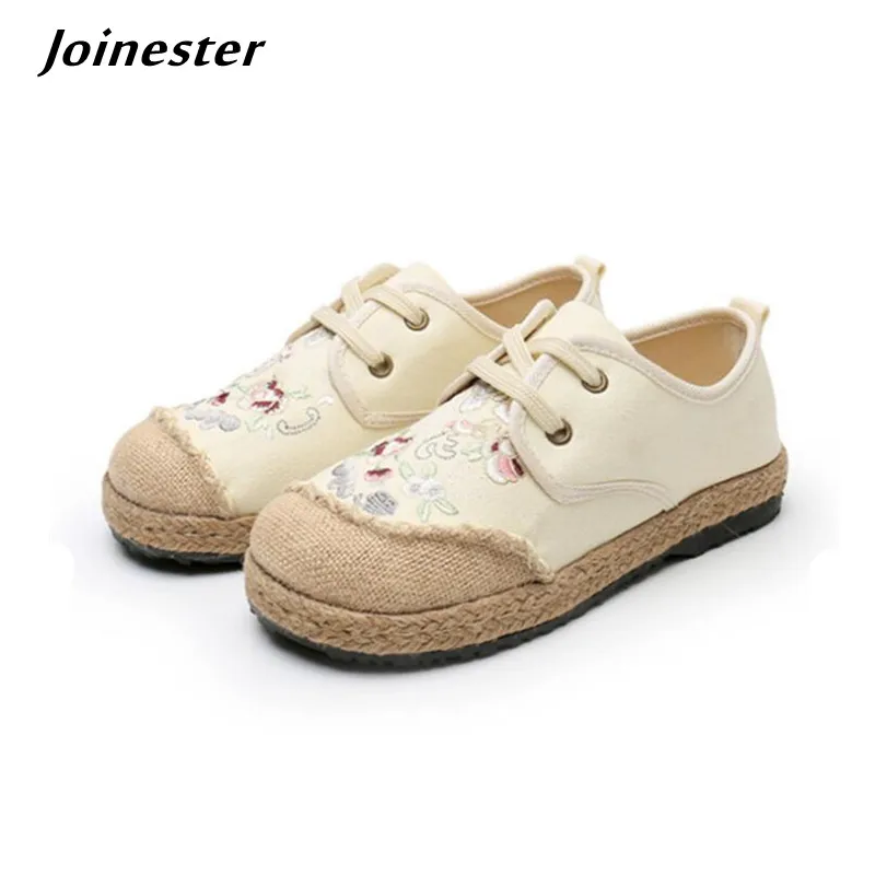 

Cotton Hemp Retro Lace-Up Sneakers for Women 2021 Fashion Ladies Sale Casual Shoes Embroidered Ethnic Wide Toe Vintage Flat Shoe