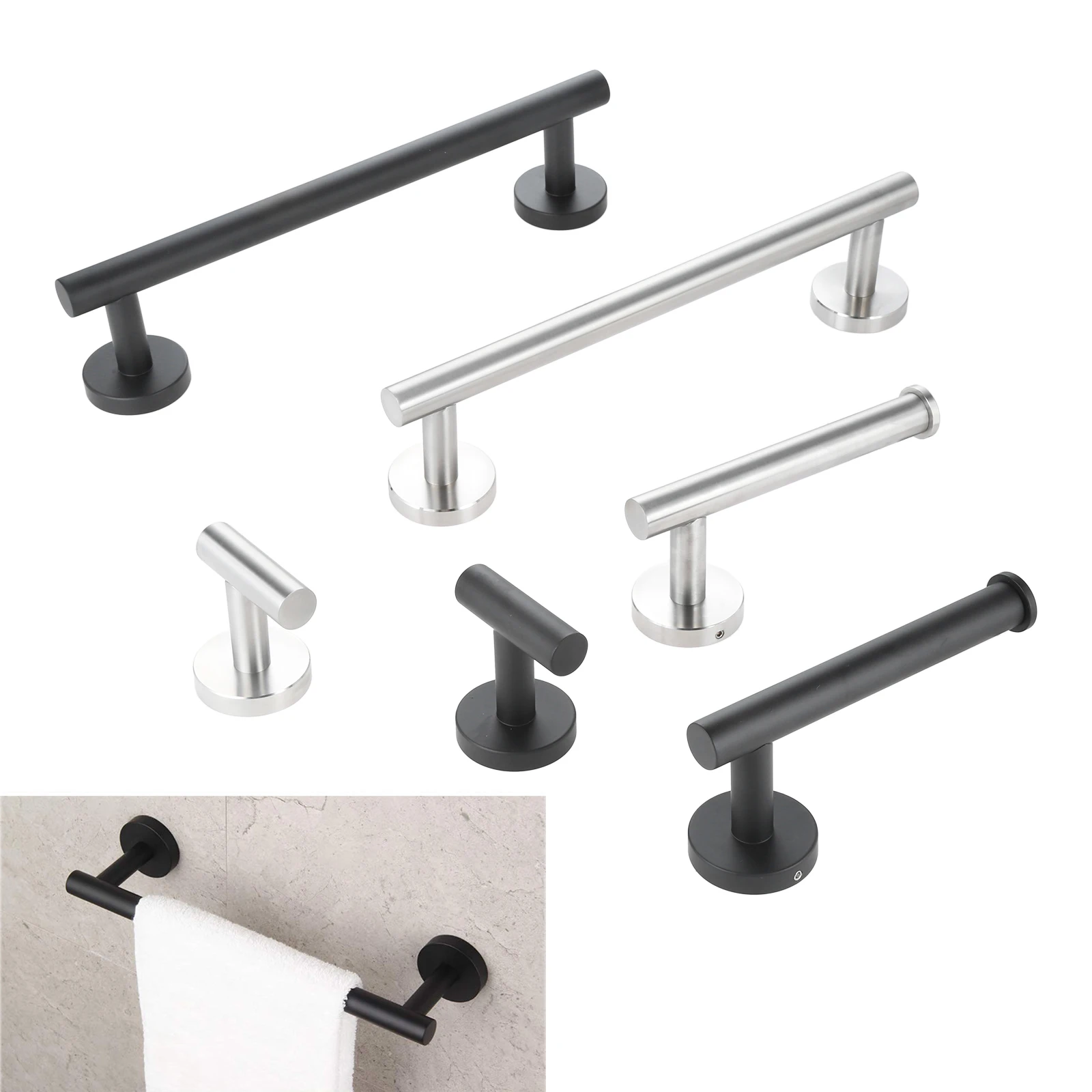 3Pcs Anti Rust Bathroom Hardware Sets Matte Black Stainless Steel Wall Mounted 30cm Towel Bar Toilet Paper Holder Robe Hook