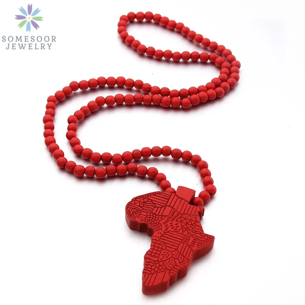 SOMESOOR Vintage Natural Wood African Map Pendant Necklace Engraved Afro Ethnic Pattern Elastic Beads Chains For Women Gifts