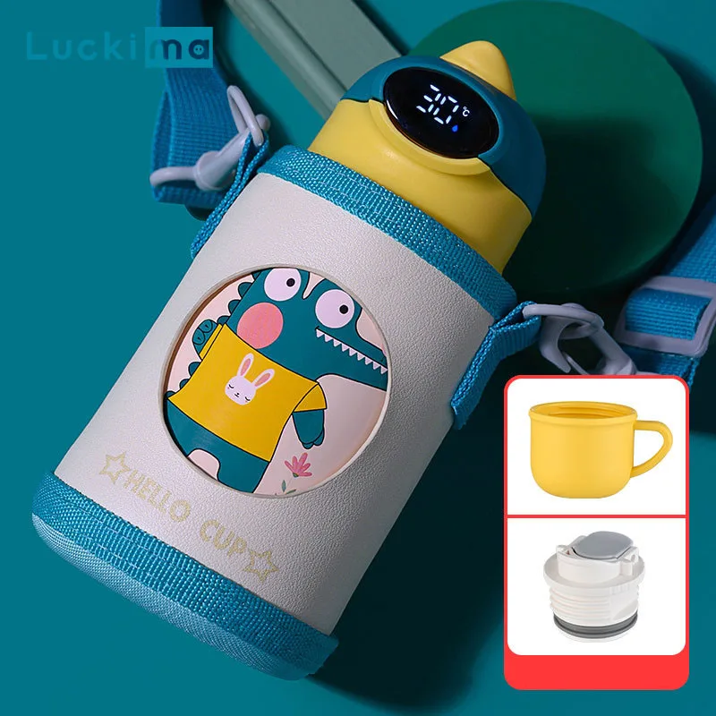 400ml Cartoon Smart Temperature Display Thermos Cup with 3 Lids 316 Stainless Steel Kids Thermoses Portable Water Bottle Gift