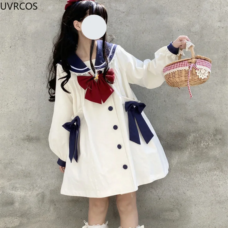 Japanese Preppy Style Women Sweet Lolita Outwear Spring Autumn Kawaii Lace Sailor Collar Bow Loose Jackets Harajuku Girls Coats