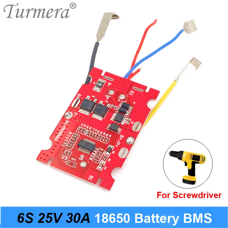 Bateria de lítio turmera 6s 25v 30a bms 18650, placa de proteção, carregador, chave de fenda, compatível com brocas 21.6v 25v