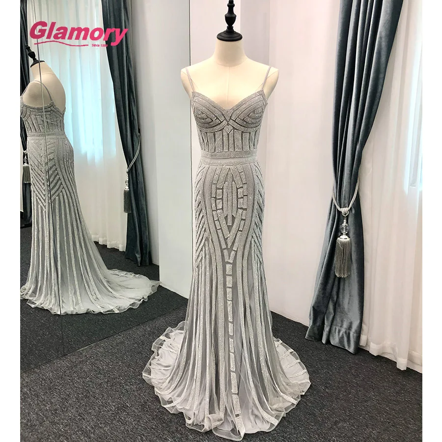 Silver Luxury Shiny Rhinestone Dresses Sexy Bodycon Spaghetti Strap Prom Women Trumpet Mermaid Evening Dress