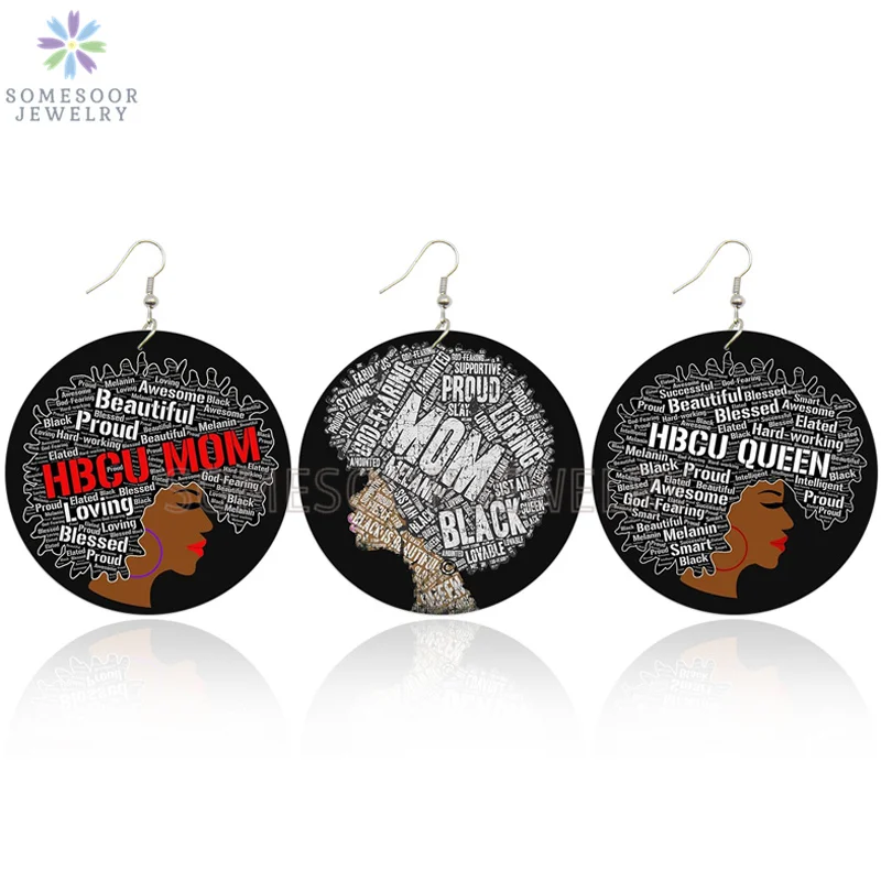

SOMESOOR Both Sides Printing HBCU MOM QUEEN AFRO Wooden Drop Earrings Proud Black Sayings African Wood Jewelry For Women Gifts