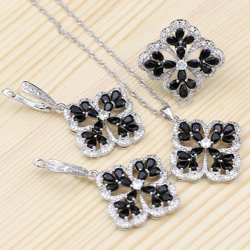 Punk Black Stones Jewelry Sets For Women Party Decoration 925 Sterling Silver Necklace Drop Earring Pendant Ring Set