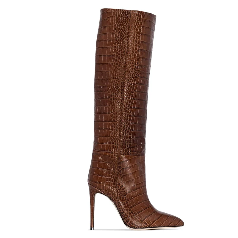 Brown Crocodile Pattern Women Knee High Boots Stiletto High Heels Long Boot Pointed Toe 2024 New Arrival Large Size Winter Boots