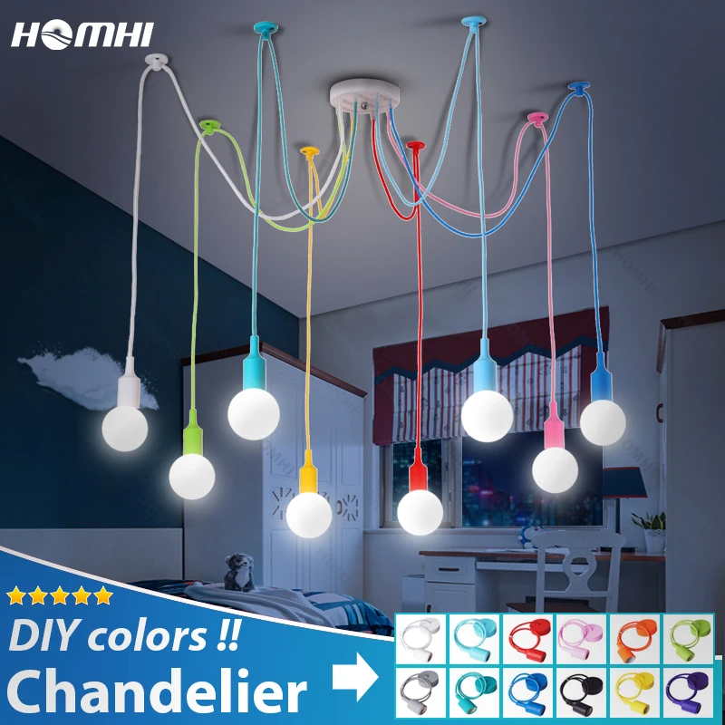 

Homhi Child Chandelier Children's Room Ceiling Lamp Bedroom DIY Long Colorful Rope E27 Spider Hanging Lamp Kids Decor HCL-003