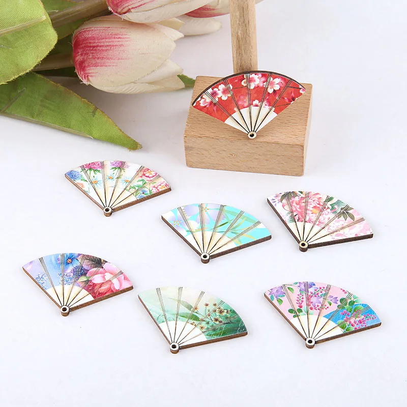 10pcs 29*46mm Wooden Flower Fan Charms Fan shape Dangle Pendants For DIY Handmade Earring Necklace Bracelet Jewelry Making YZ720