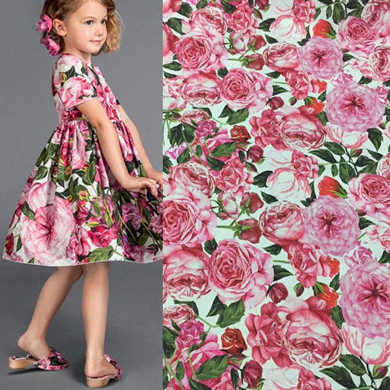 145cm Width Fashion Pink Rose Flower Printed Imitate Cotton  Fabric For Woman/Kids Dress Blouse Pants DIY Cloth Sewing Material