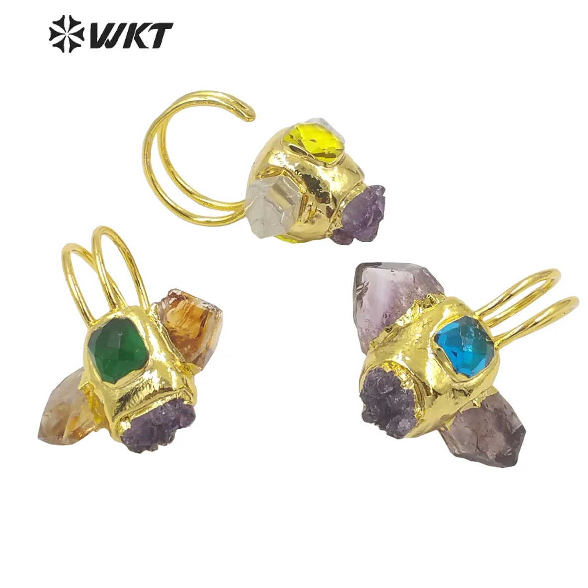 

WT-R376 Special Unique Design Gold Electroplated Blended Crystal Ring Amethysts & Yellow Crystal & Druzy Quartz Drama Style