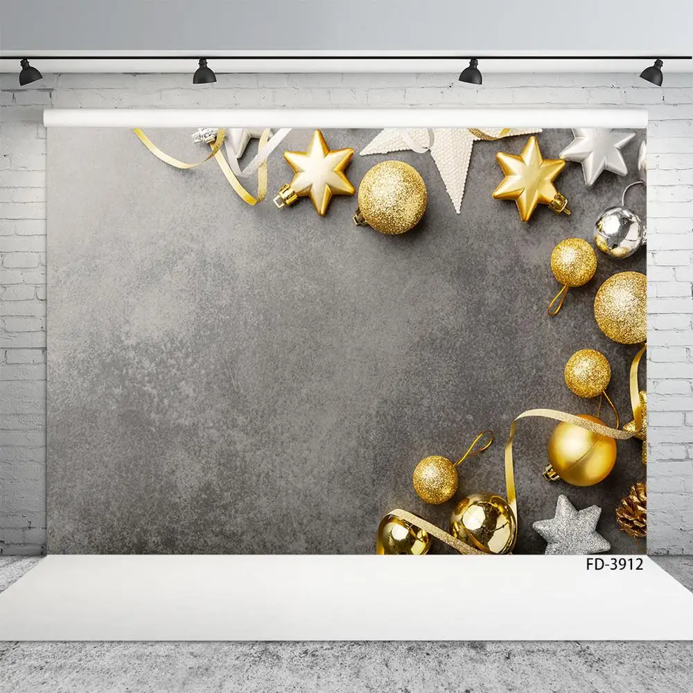 Arrière-plan de photographie en tissu vinyle avec boules dorées et rubans étoilés, arrière-plan pour photos de noël, stand de photos pour enfants, Baby Shower