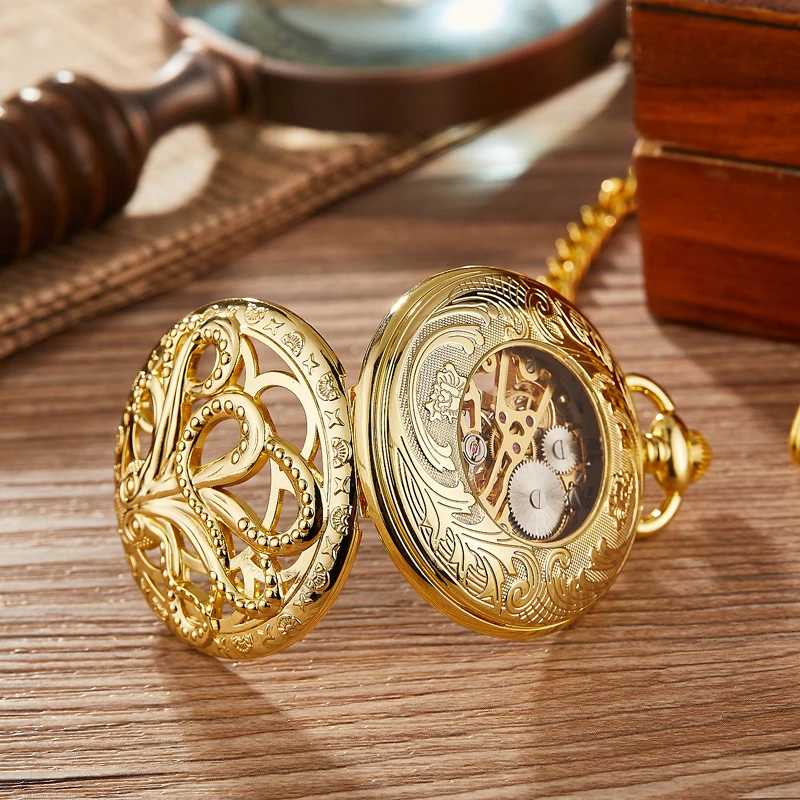 Reloj de bolsillo mecánico de pulpo dorado para hombre y mujer, pulsera con cadena, Steampunk, esqueleto, mano y viento